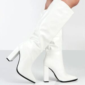 Public Desire White Knee High Block Heel Boots